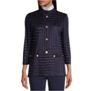 MISOOK Knit Blazer Shimmer Matte‎ Geometric Design Midnight Blue Gold Buttons Sm